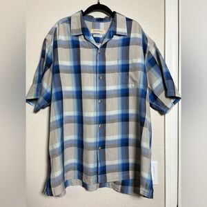 Tommy Bahama Washable Silk Blue and Gray Plaid Button Down Shirt, Short Sleeve